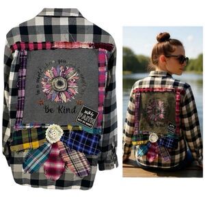 Upcycled Flannel Shirt Womens Large Shacket Christian Gray Grunge Camp Country